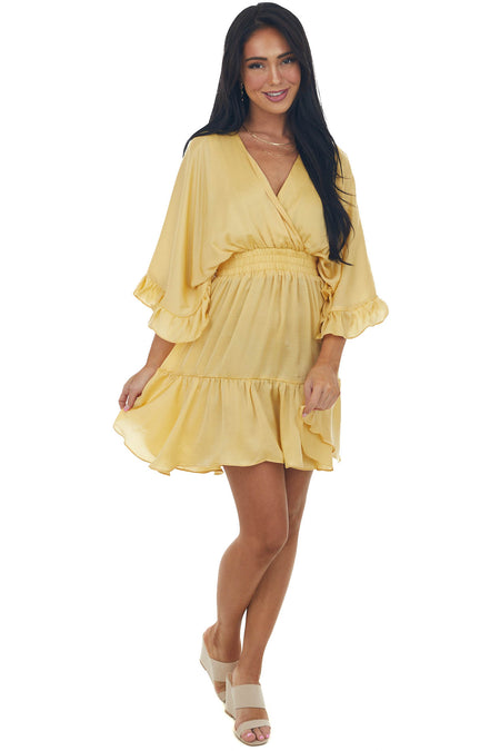 Dusty Gold Kimono Sleeve Ruffle Silky Mini Dress