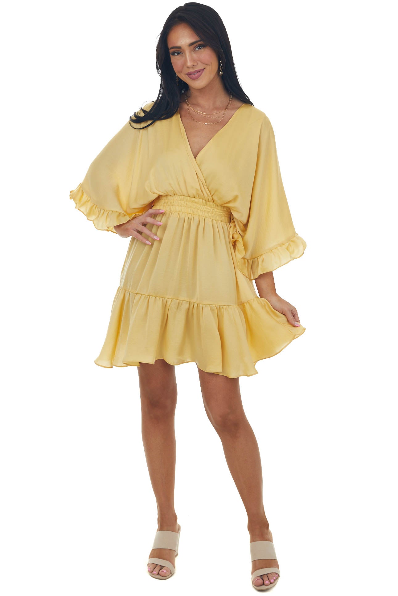 Dusty Gold Kimono Sleeve Ruffle Silky Mini Dress