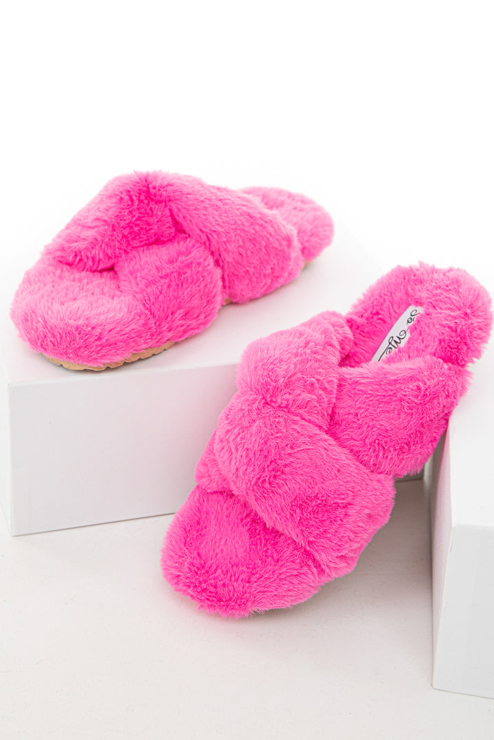 Pink Fluffy Cross Strap Slippers