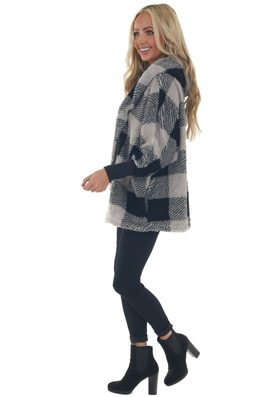 Heather Grey Plaid Hooded Open Front Cardigan