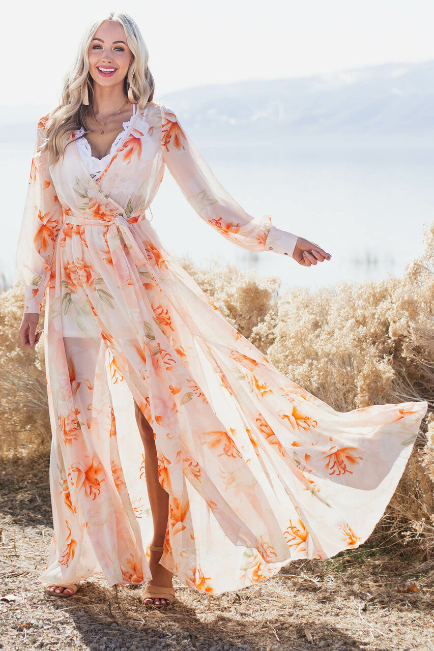 Light Peach Floral Print Long Sleeve Sheer Woven Maxi Dress | Lime