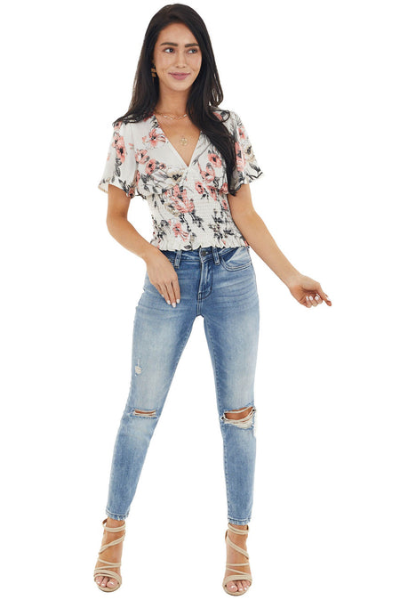 Cream and Punch Silky Floral Print Top with Smocked Detail