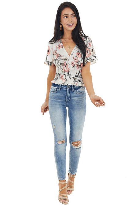 Cream and Punch Silky Floral Print Top with Smocked Detail