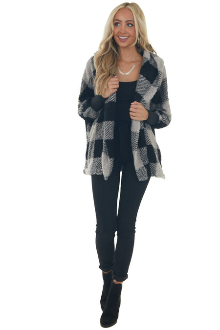 Heather Grey Plaid Hooded Open Front Cardigan