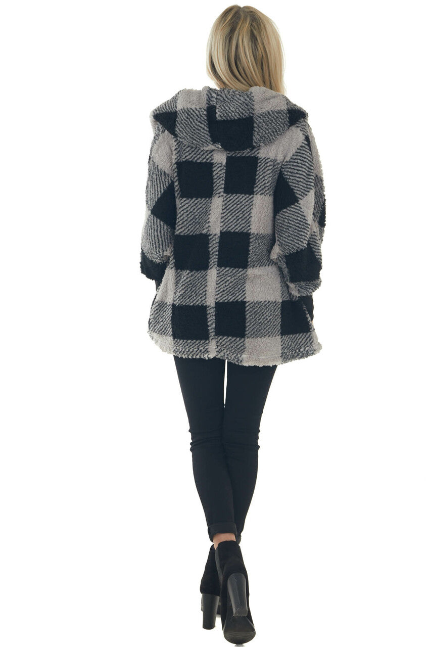 Heather Grey Plaid Hooded Open Front Cardigan