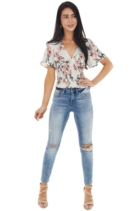 Cream and Punch Silky Floral Print Top with Smocked Detail