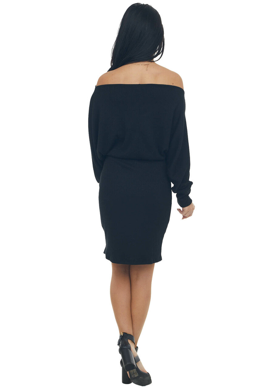 Black Ribbed Off Shoulder Dolman Sleeve Dress | Lime Lush Boutique