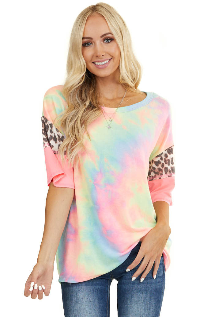 Neon Tie Dye Top with Leopard Print and Colorblock Sleeves | Lime Lush