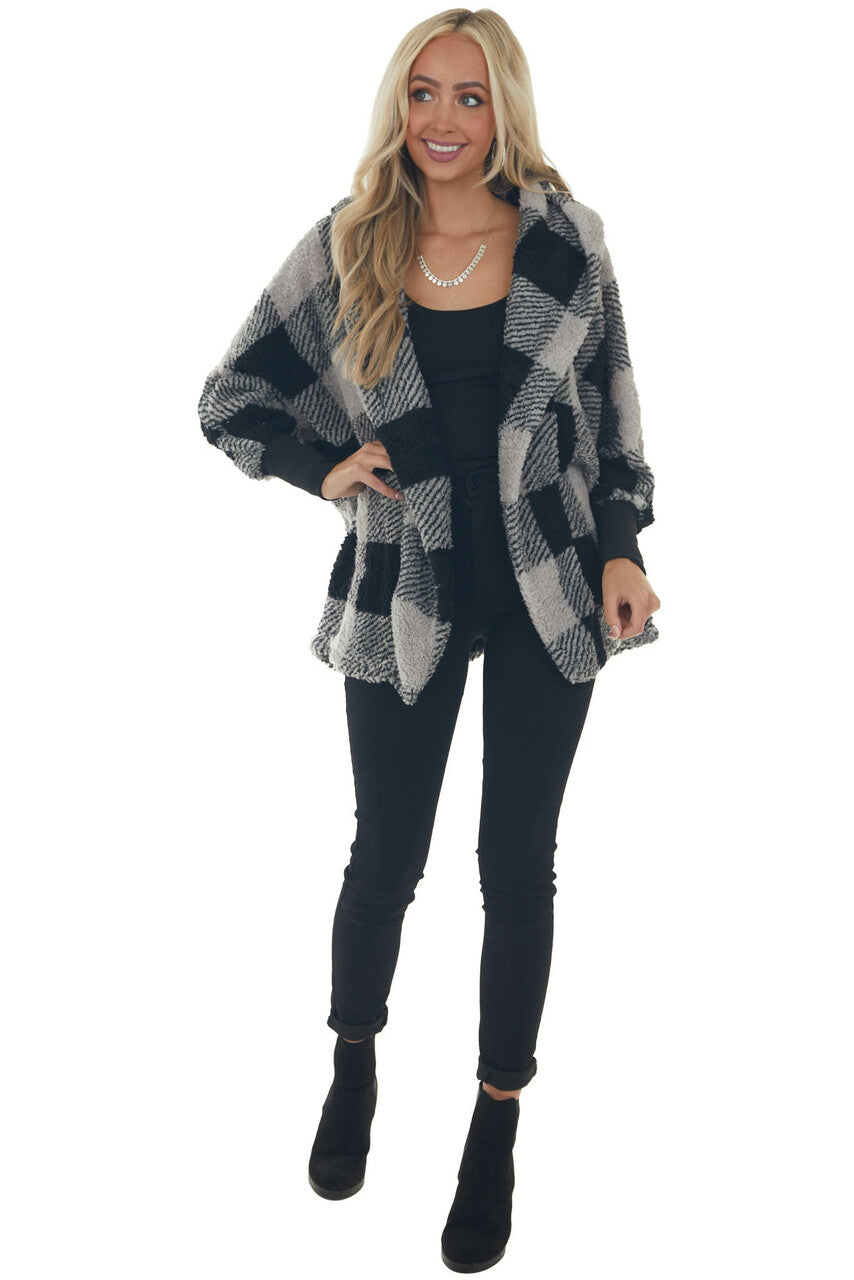 Heather Grey Plaid Hooded Open Front Cardigan