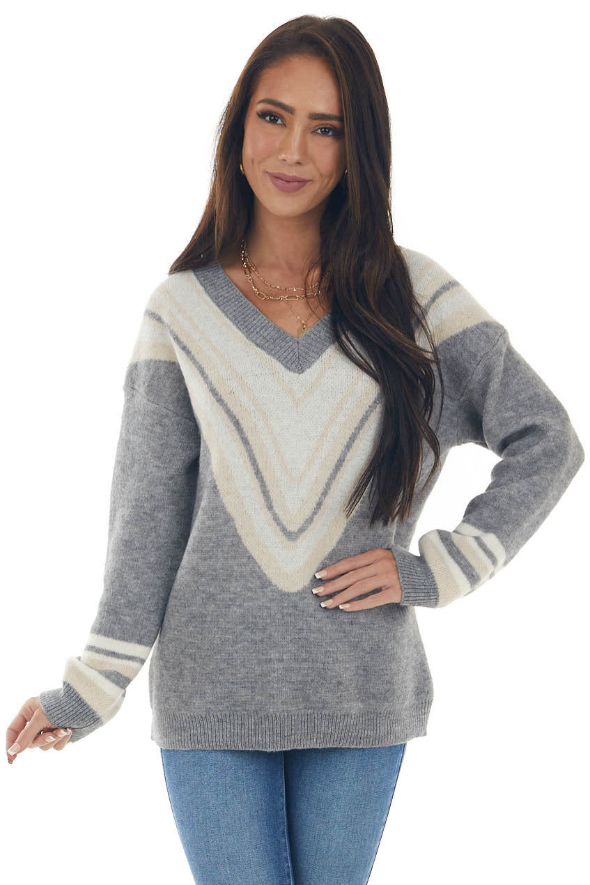 Heathered Steel Striped Chevron V Neck Sweater | Lime Lush