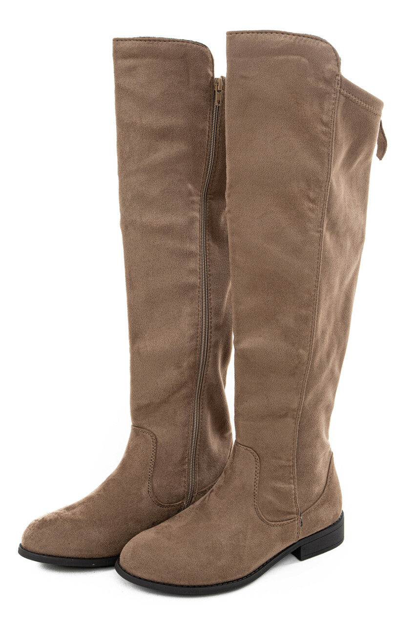 Taupe Faux Suede Knee High Zip Up Boots with Rounded Toe | Lime Lush