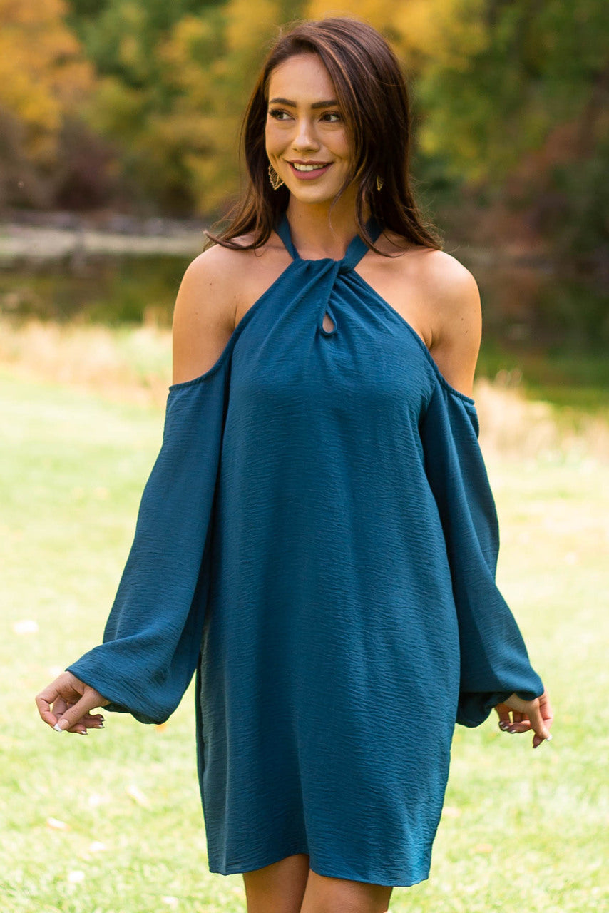 Teal Cold Shoulder Keyhole Long Sleeve Dress | Lime Lush Boutique